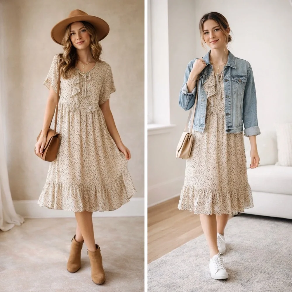 Ruffle Midi Dress in Cream Floral - Picture 1 of 12